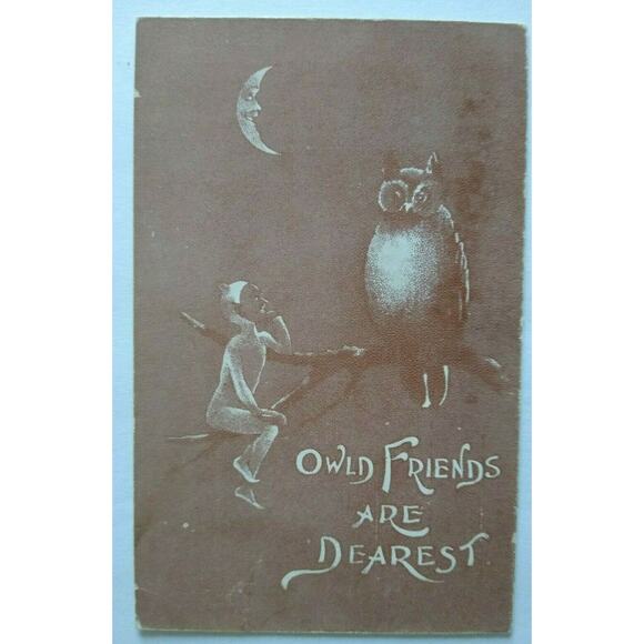 Fantasy Halloween Postcard Pixie Imp & Owl Friends Are Dearest Unused Sepia - Picture 1 of 5